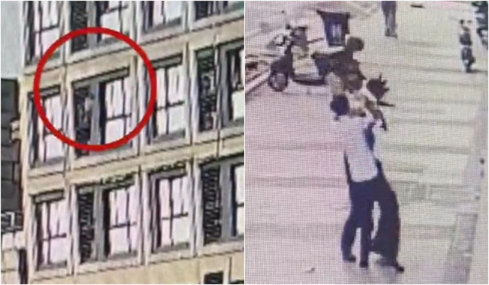 Momentul în care un bărbat prinde cu mâinile goale un copil căzut de la etajul 6. Eroul spune că micuța salvată are același nume cu fiica sa